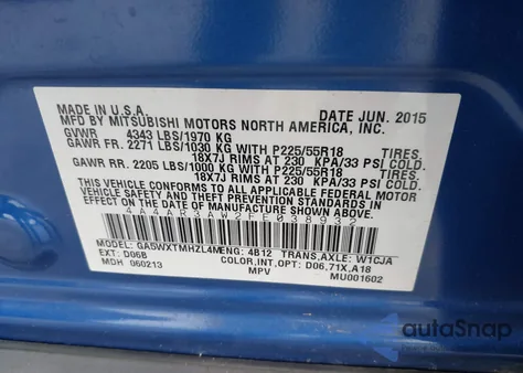 2015 Mitsubishi Outlander Sport Es z USA, uszkodzony, nr VIN 4A4AR3AW2FE038932